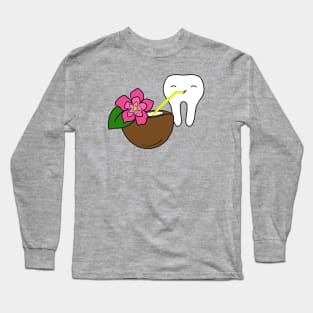 Cute Molar drinking coconut water illustration - for Dentists, Hygienists, Dental Assistants, Dental Students and anyone who loves teeth by Happimola Long Sleeve T-Shirt